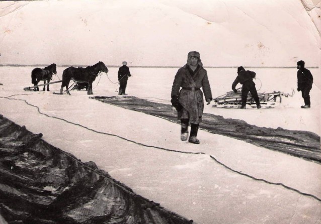 Бригада Квашнинского рыбоучастка на льду озера Чаны. 70-е годы.